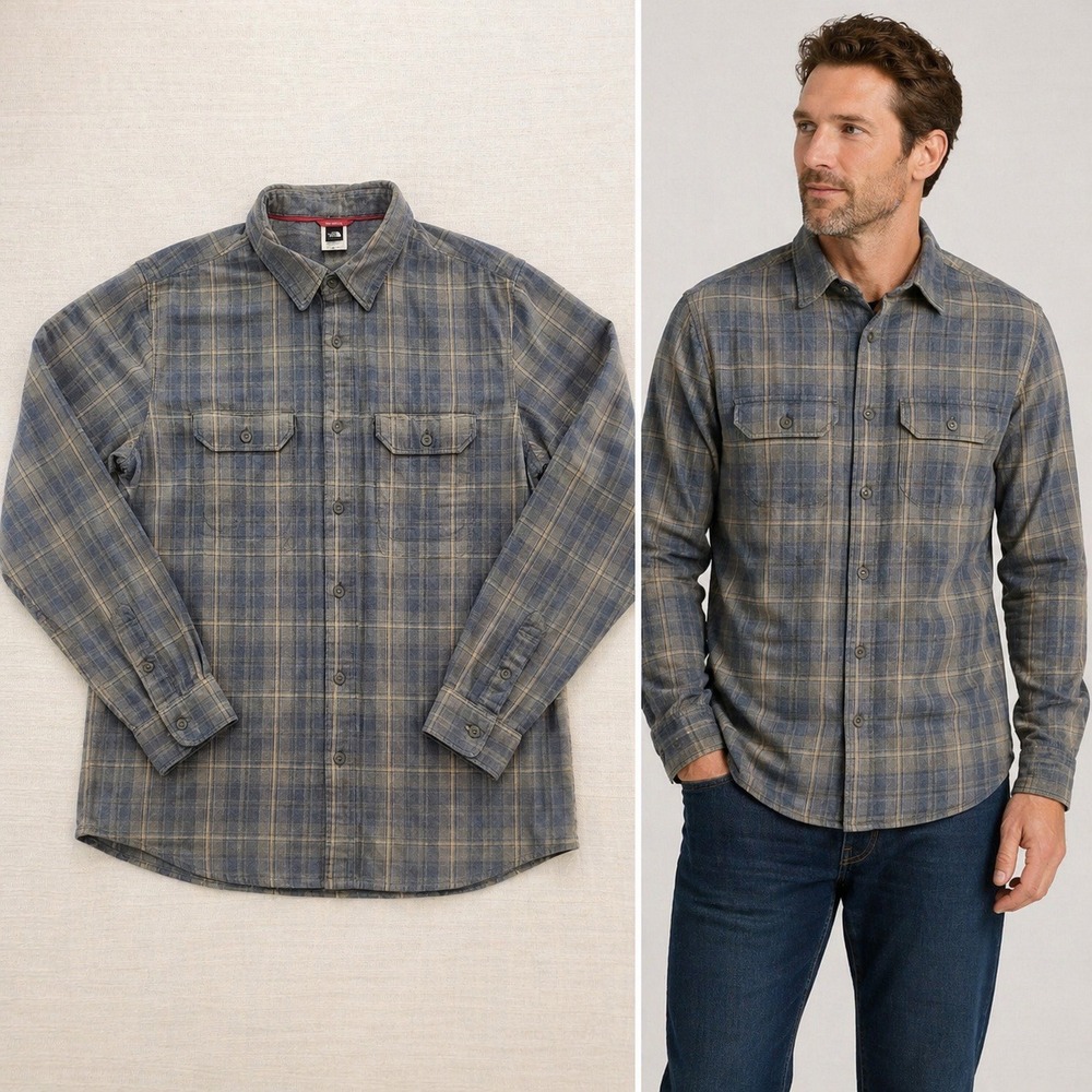 The North Face Mens Large Blue Tan Plaid Cotton Blend Flannel Shirt 695